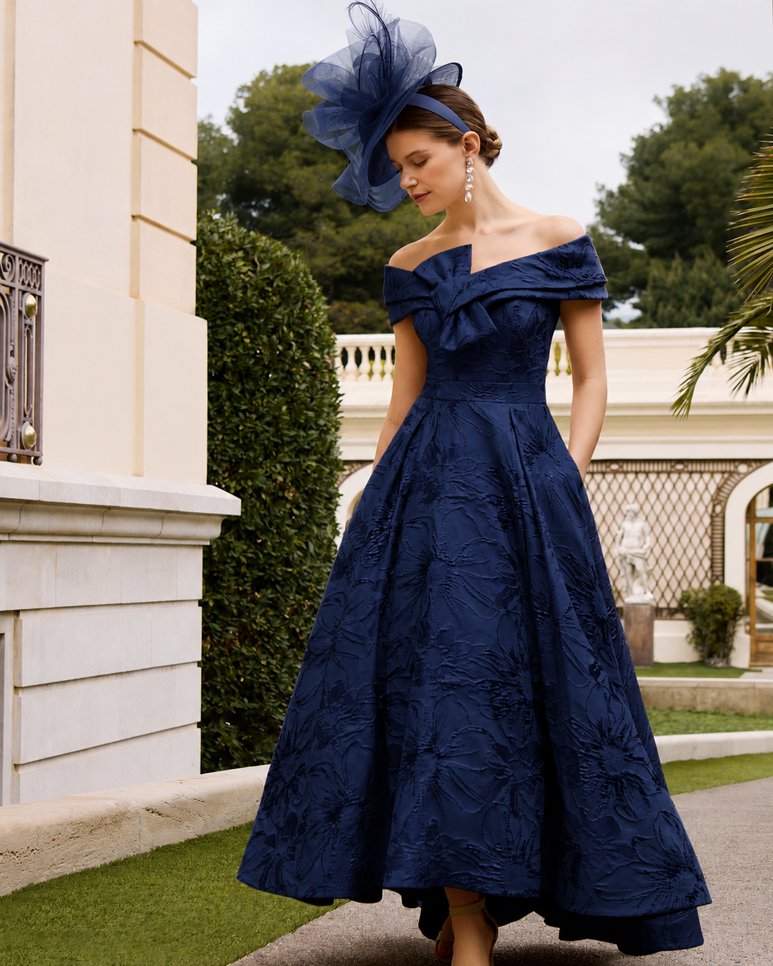 Couture Club 1G243 Navy Brocade A Line Midi Mother Of The Bride Dress