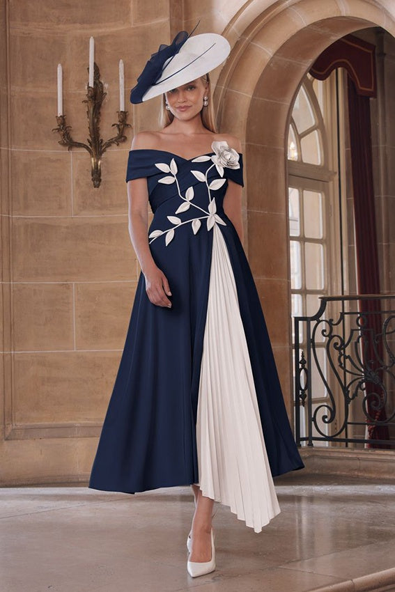 John Charles 66888 Navy Ivory Bardot A line Dress With Pleats