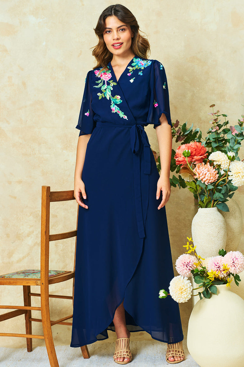hope and ivy blue dress Hope & Ivy embroidered wrap front flutter sleeve midi dress in blue