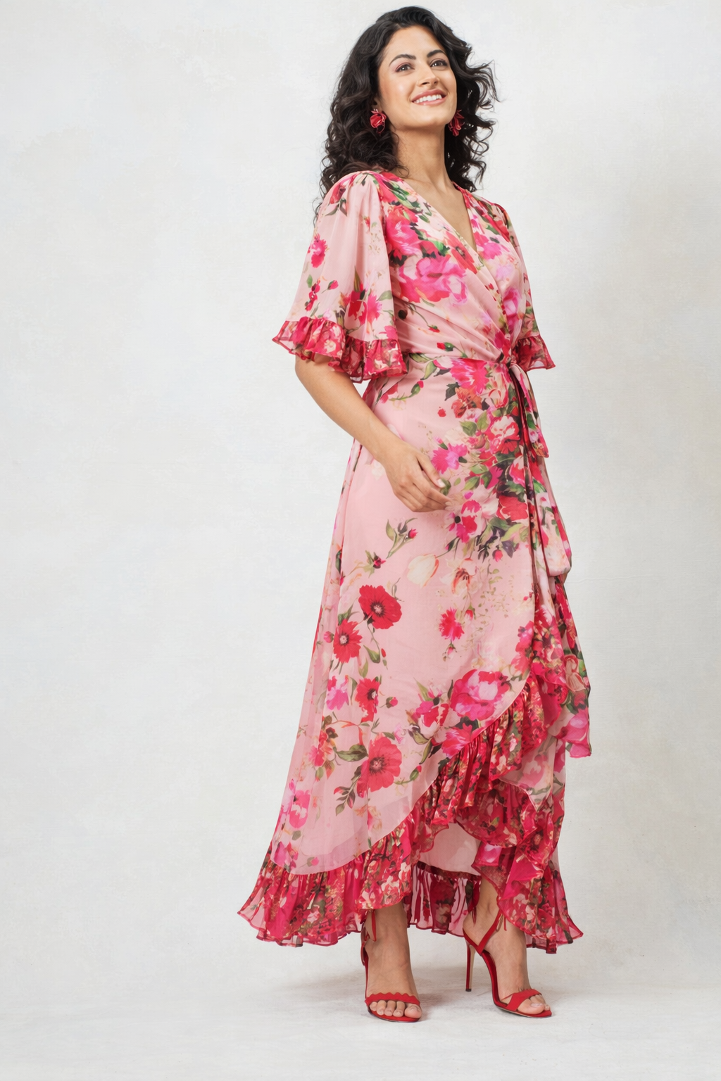 Hope & Ivy Fiona Pink Floral Wrap Dress