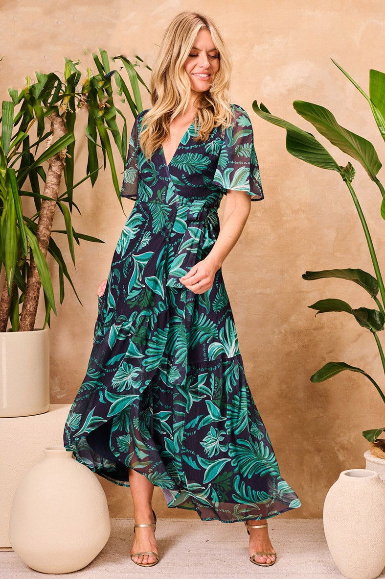 Hope & Ivy Magda Green / Navy Patterned Maxi Wrap Dress  The Rose Wardrobe