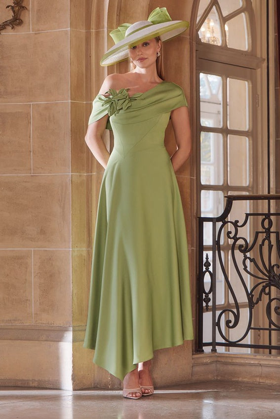 John Charles 29420 Matcha Green Asym Neckline A Line Midi Dress