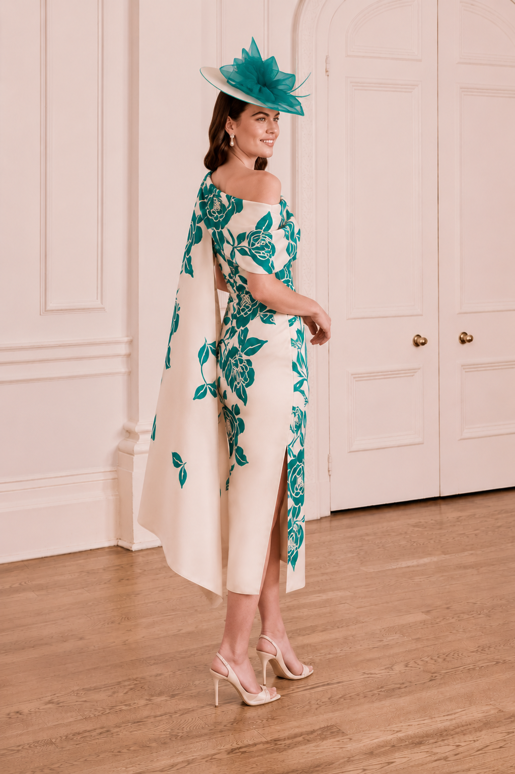 John Charles 66795 Teal/Ivory Mother Of The Bride Dress With Cape