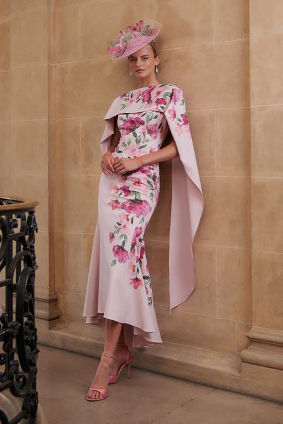 John Charles 66818 Petal/Spring Printed Fitted Dress With Detachable Cape