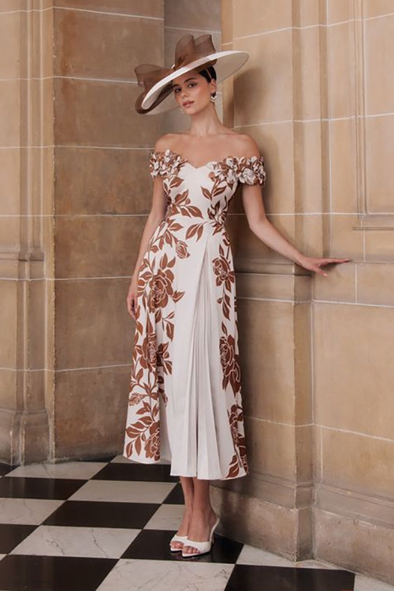 John Charles 66840 Ecru/Mocha Printed Crepe A Line Dress with Pleated Panel