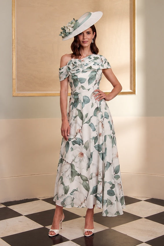 John Charles 66850 Lily Printed Chiffon Midi Dress Asymmetric Hem Line Dress