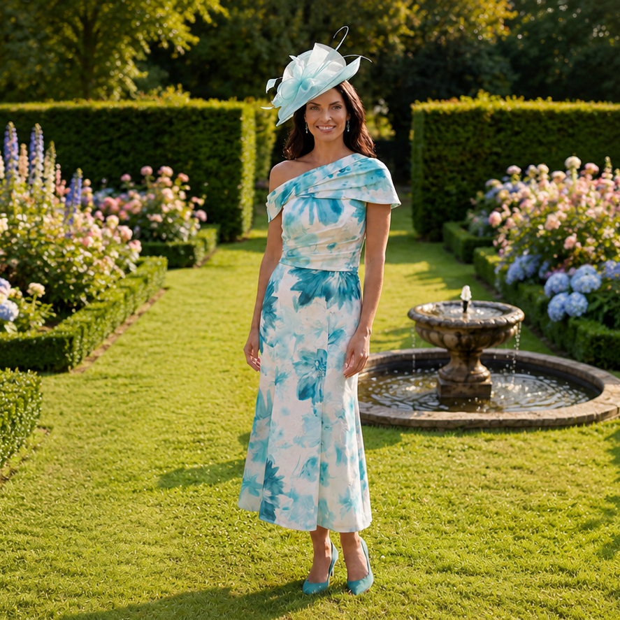Veromia Occasions 3123 Teal Ivory Patterned Mother Of The Bride Dress