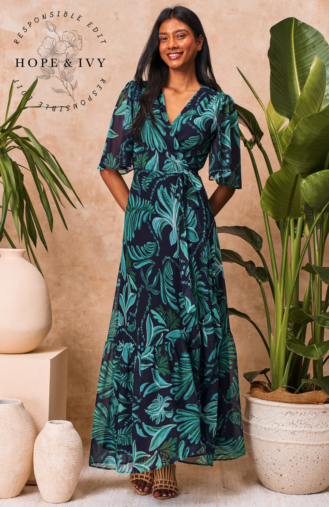 Hope & Ivy "Magda" Green / Navy Patterned Maxi Wrap Dress