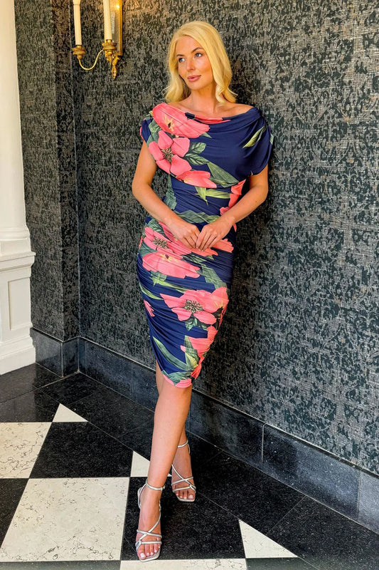 Indulge in summer sophistication with our OXYGEN Jersey Dress in navy & coral floral.