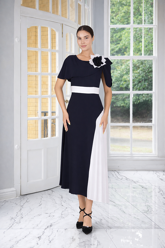 Lizabella 2386 Navy / Ivory Pleated Dress