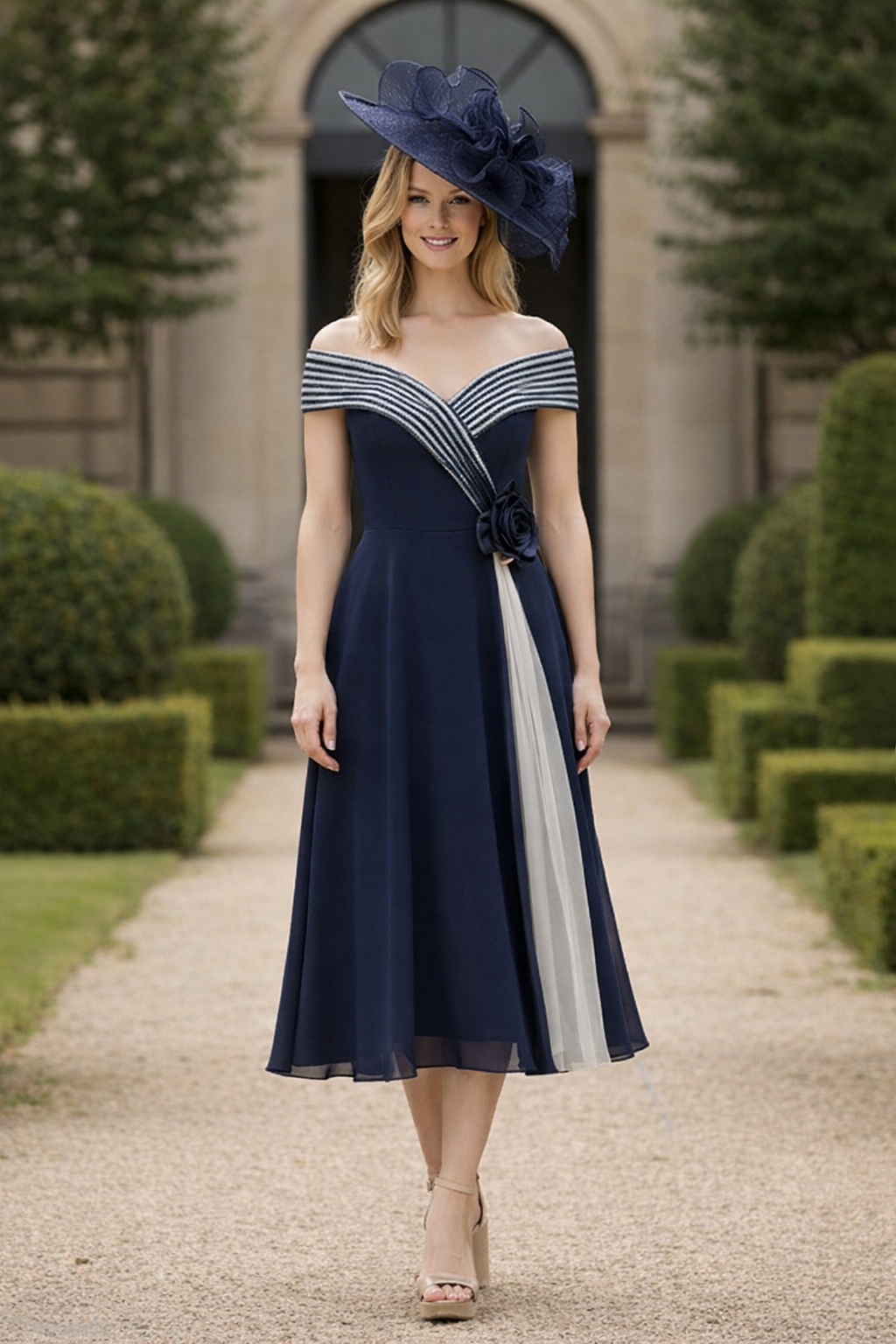 Labella 3429 Navy/Ivory Pleated A Line Dress