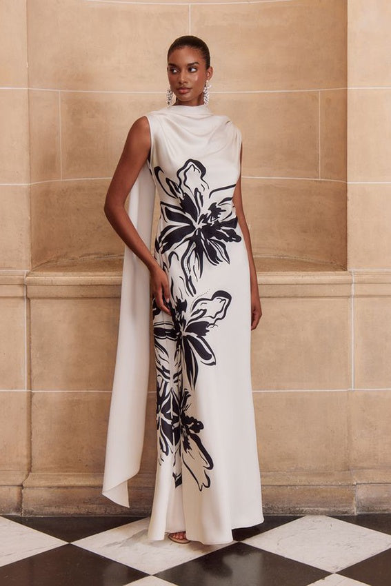 John Charles 66873 Ecru Off The Shoulder Gown With A Bold Black Floral Print