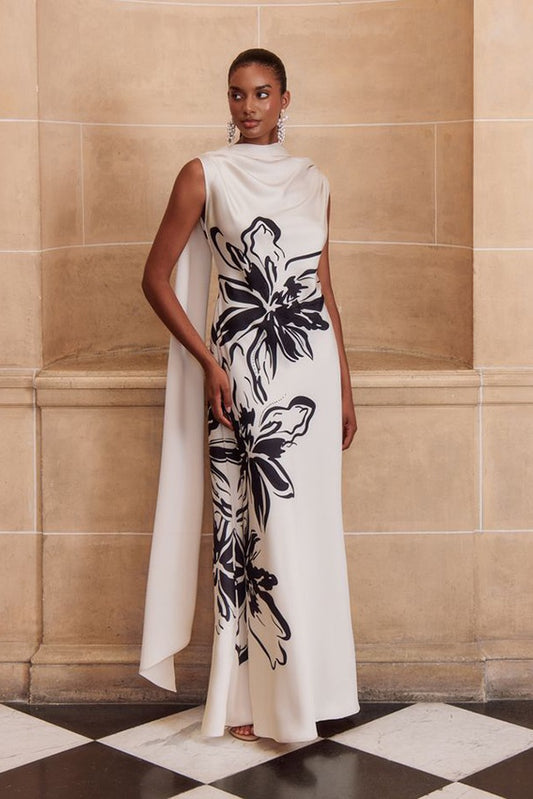 John Charles 66873 Ecru Off The Shoulder Gown With A Bold Black Floral Print
