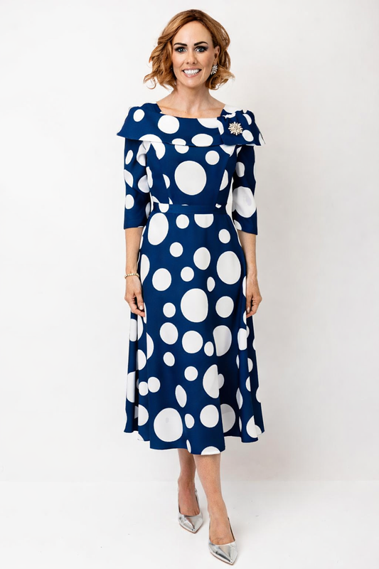 Cassandra Bell Navy & White A Line Spot Mother of the bride dress
