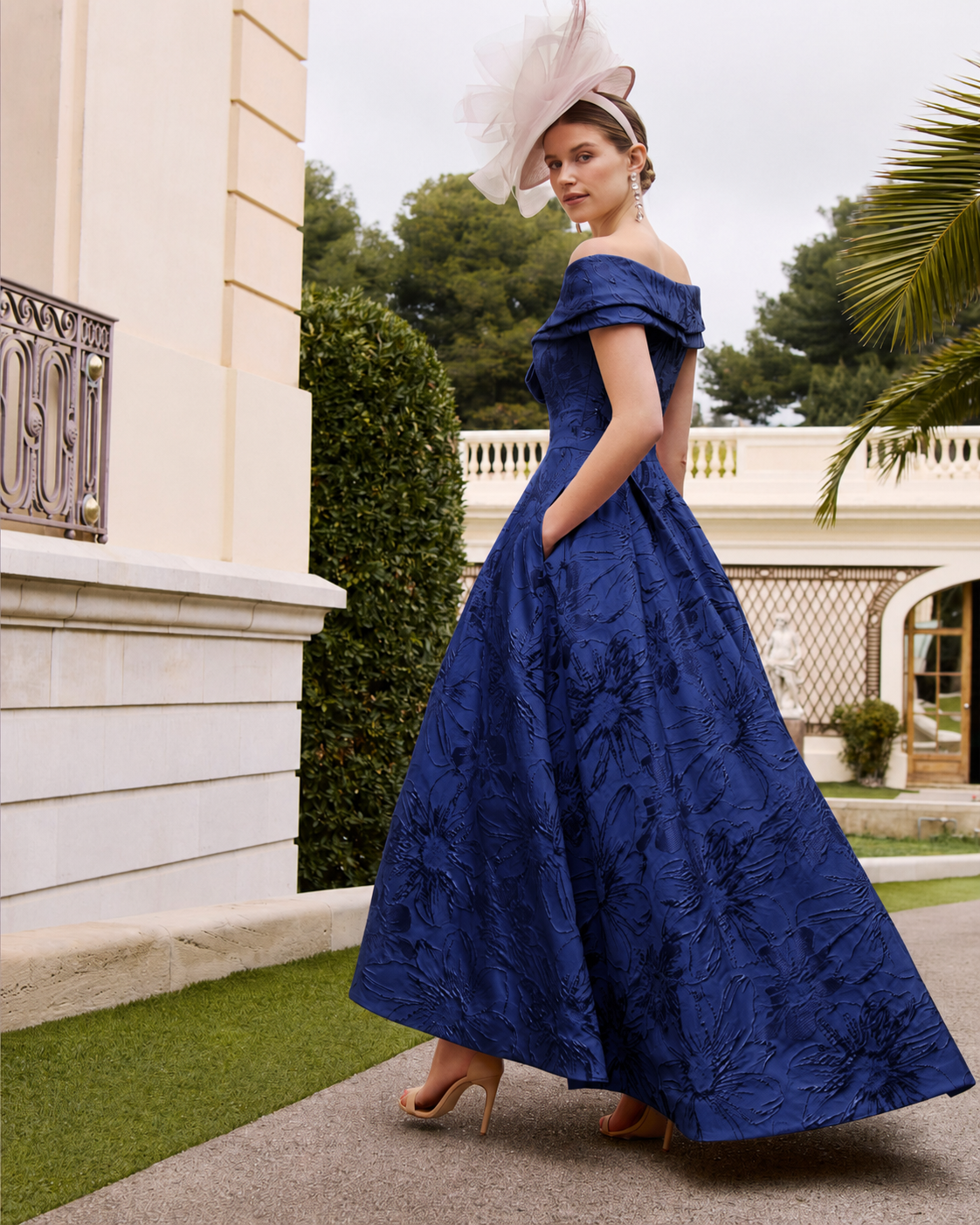 Couture Club 1G243 Navy Brocade A Line Midi Mother Of The Bride Dress