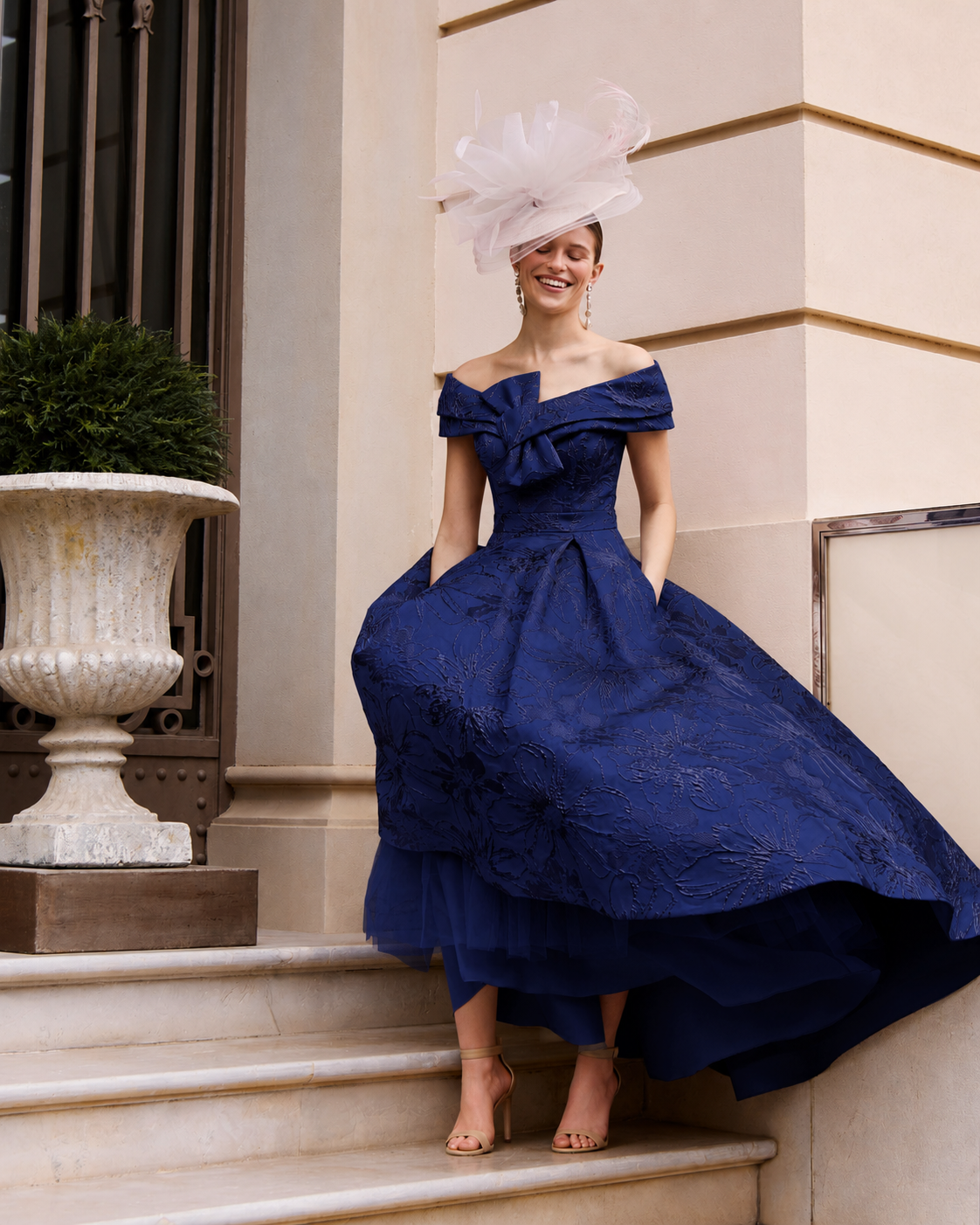 Couture Club 1G243 Navy Brocade A Line Midi Mother Of The Bride Dress