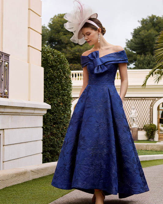 Couture Club 1G243 Navy Brocade A Line Midi Mother Of The Bride Dress