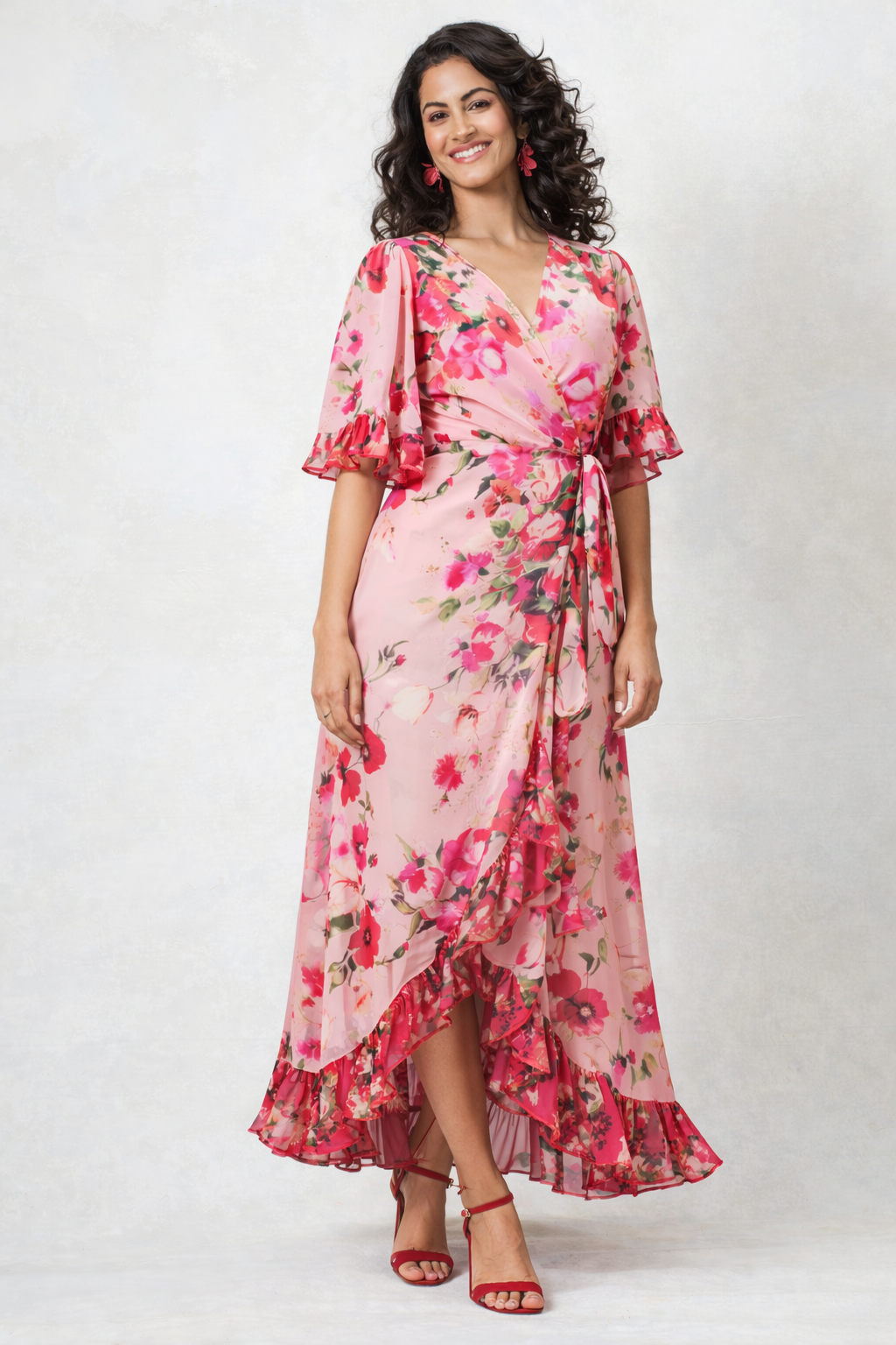 Hope & Ivy Fiona Pink Floral Wrap Dress