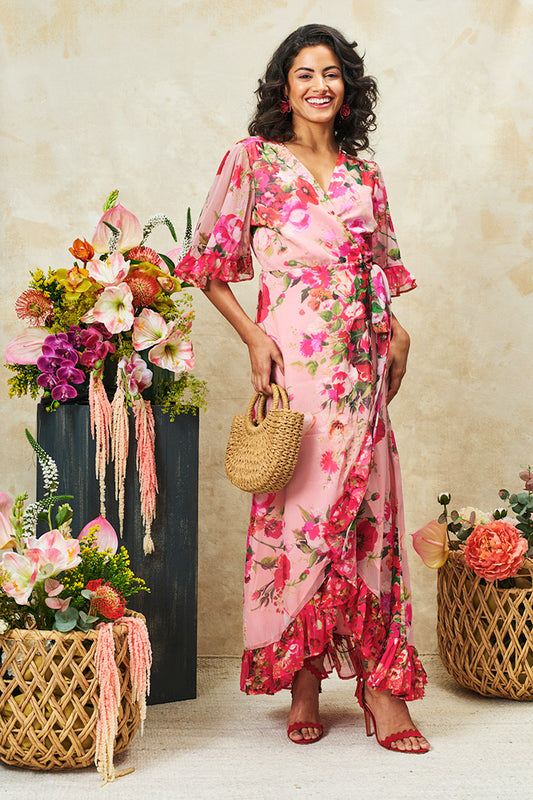 Hope & Ivy Saffron Pink Floral Wrap Dress