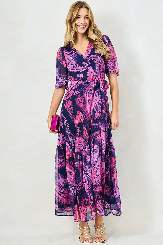 Hope & Ivy Yasmine Navy/Purple Patterned Maxi Wrap Dress