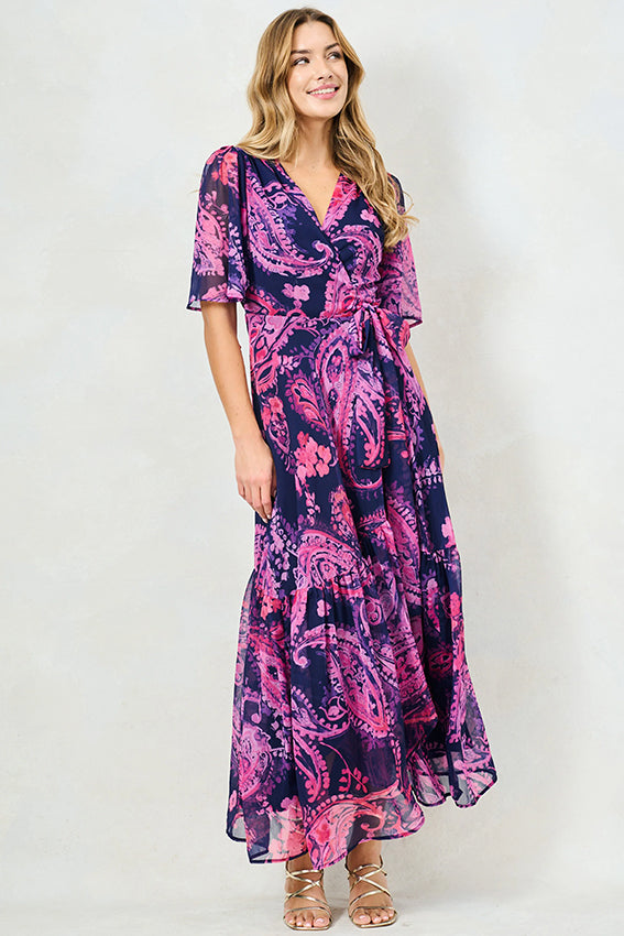 Hope & Ivy Yasmine Navy/Purple Patterned Maxi Wrap Dress