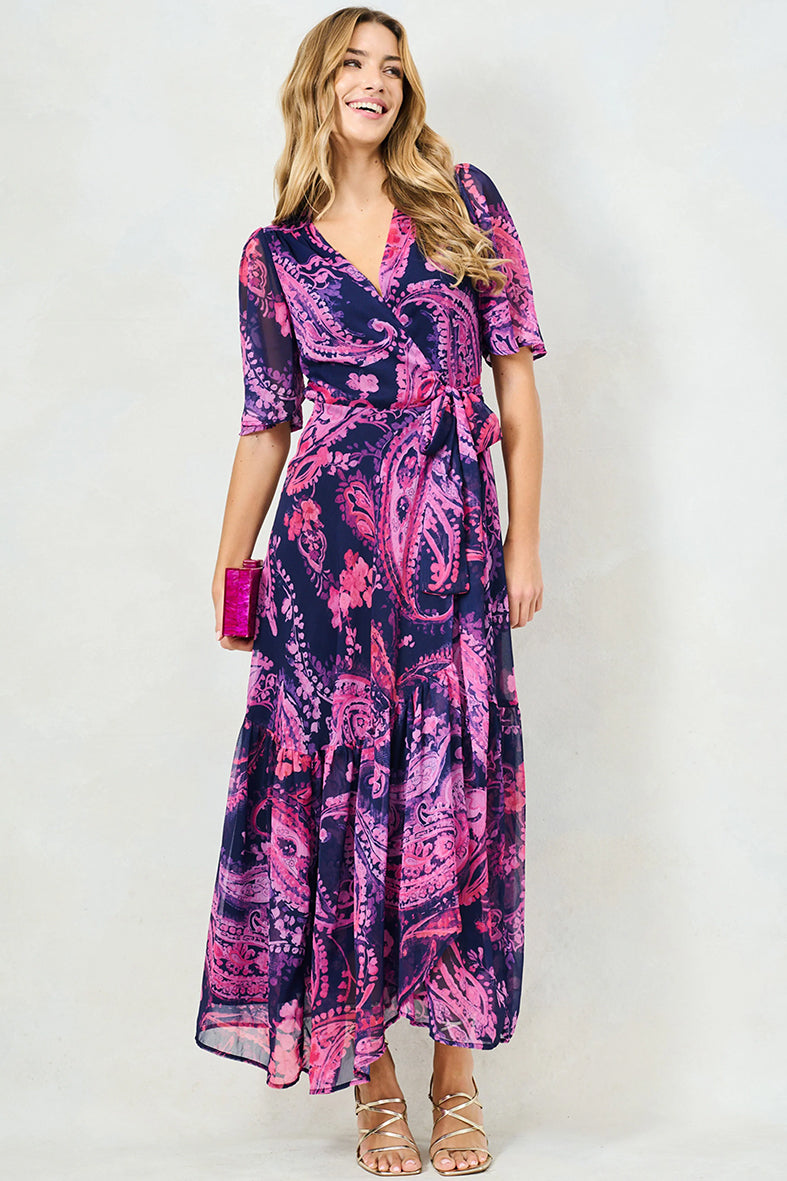 Hope & Ivy Yasmine Navy/Purple Patterned Maxi Wrap Dress