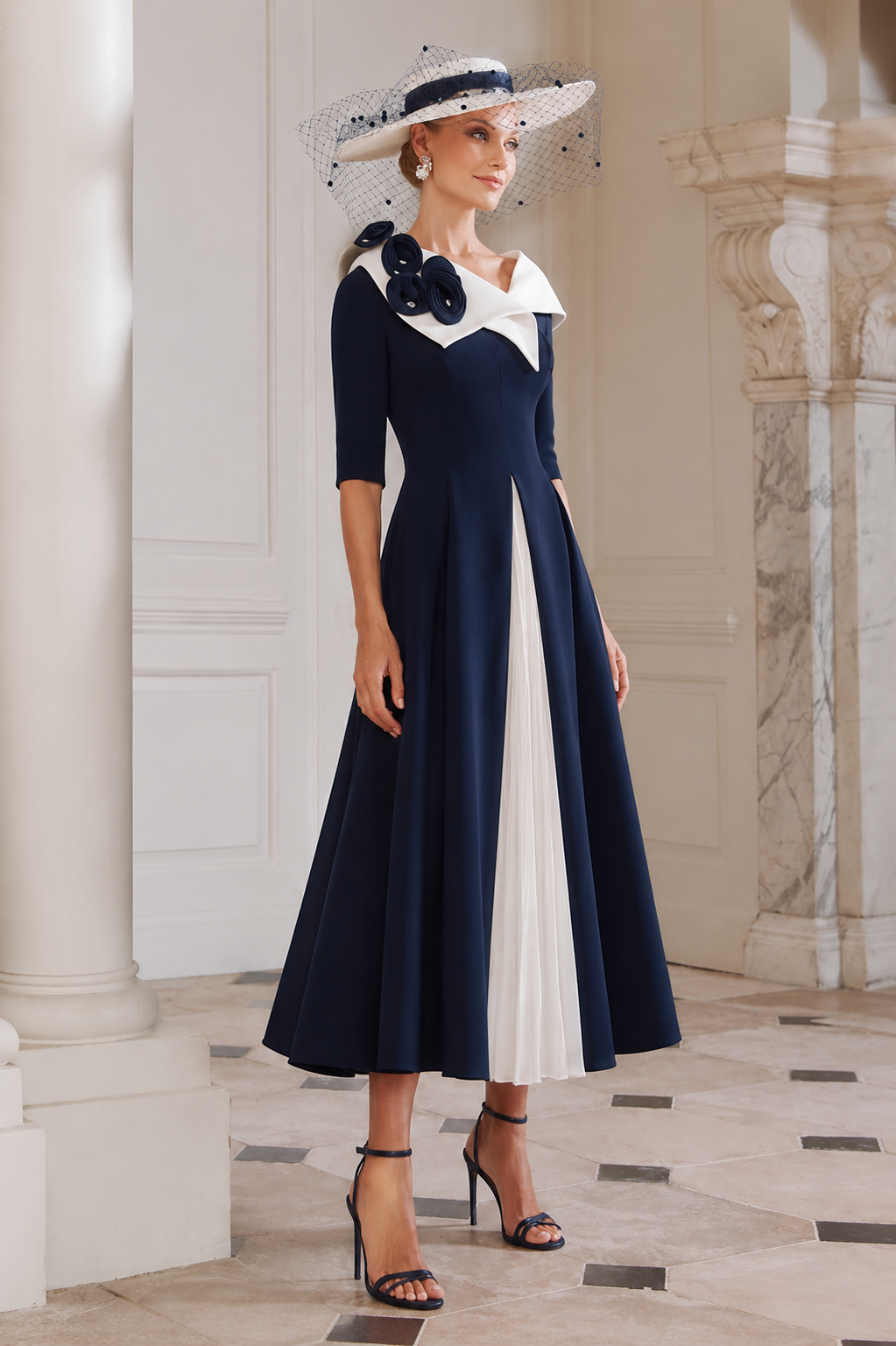 John Charles 29321 Navy Ivory A Line Midi Mother Of The Bride Dress
