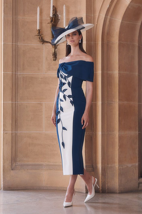 John Charles 29403 Navy/Ivory Floral Design Midi Dress With Floral Appliqué