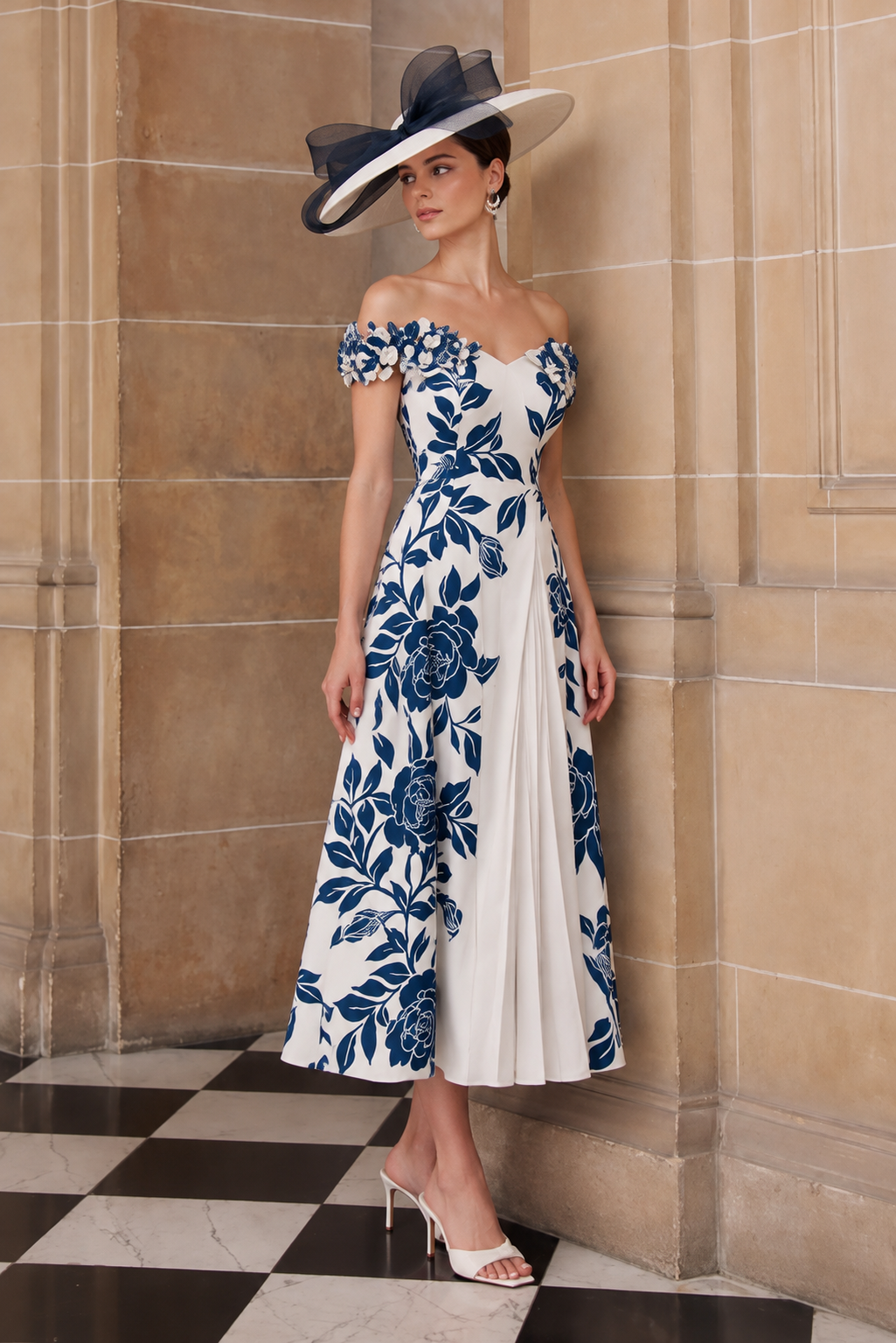 John Charles 29403 Navy/Ivory Floral Design Midi Dress With Floral Appliqué