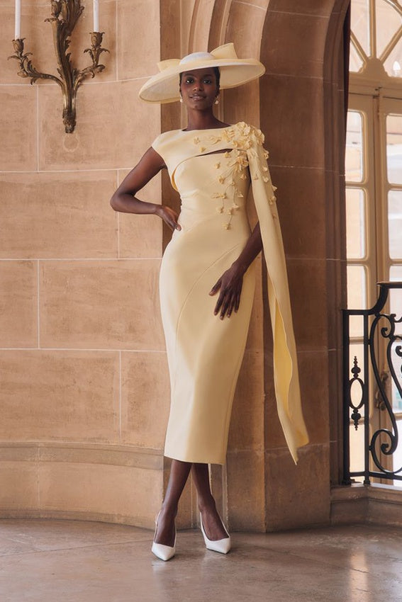 John Charles 29410 Buttercream Midi Dress With 3D Flowers & Detachable Cape