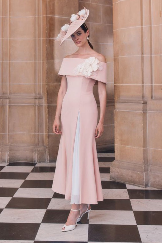 John Charles 29453 Petal/Ivory Bardot Fluted Midi Dress With 3D Flowers