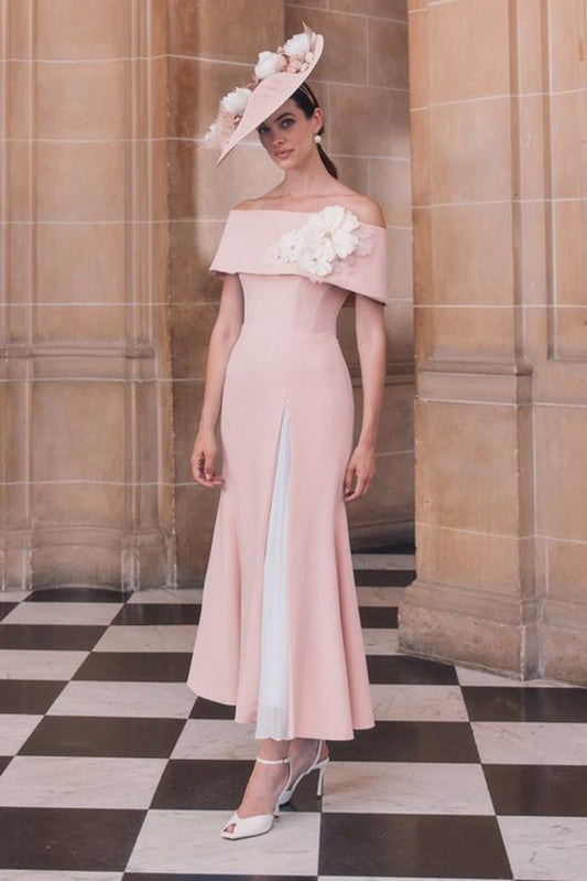 John Charles 29453 Petal/Ivory Bardot Fluted Midi Dress With 3D Flowers