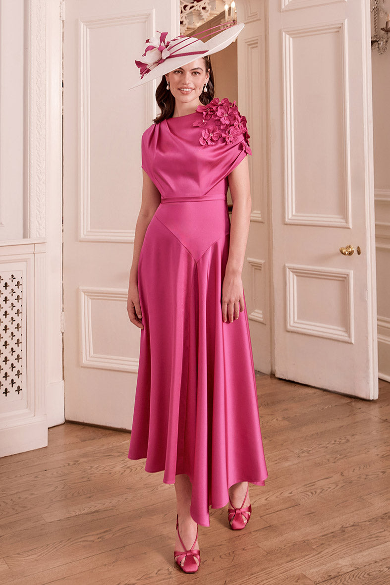 John Charles 66792 Lipstick Draped Midi Mother Of The Bride Dress