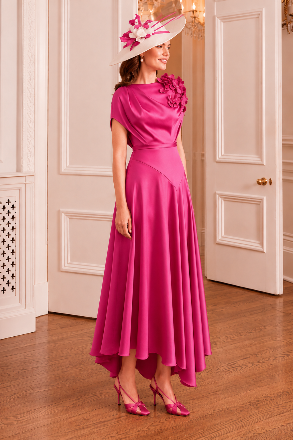 John Charles 66792 Lipstick Draped Midi Mother Of The Bride Dress