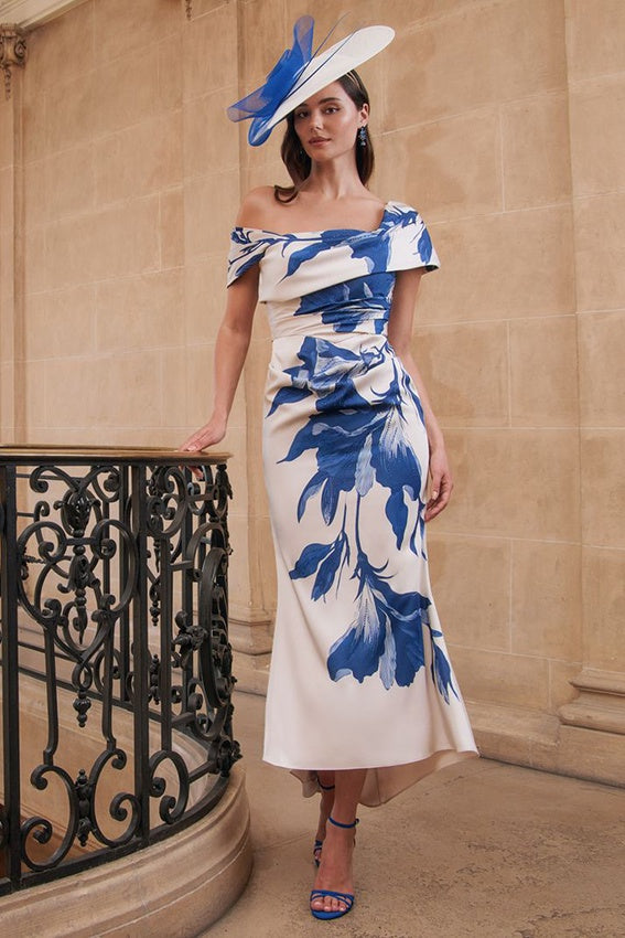 John Charles 66821 Ecru/Royal Printed Asymmetric Neckline Dress