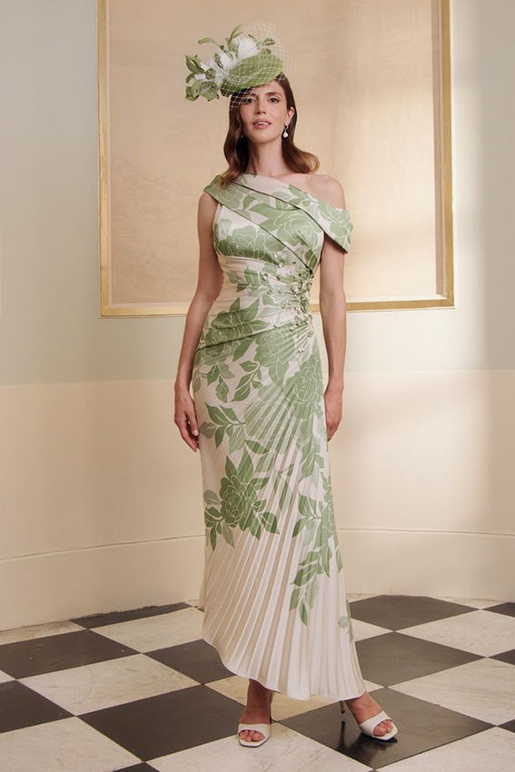 John Charles 66830A Ecru Matcha Satin Pleated Patterned Dress