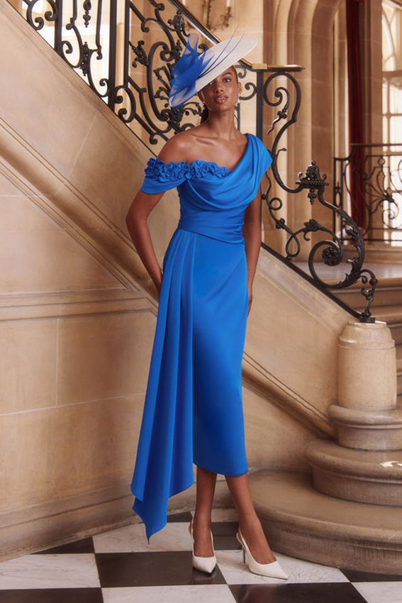 John Charles 66877 Electric Blue Dress With Asym Neckline & Overskirt