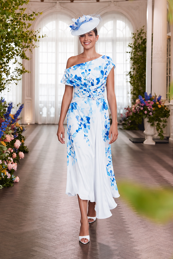John Charles 66883 Blue Blossom Printed Crepe A Line Pleated Dress