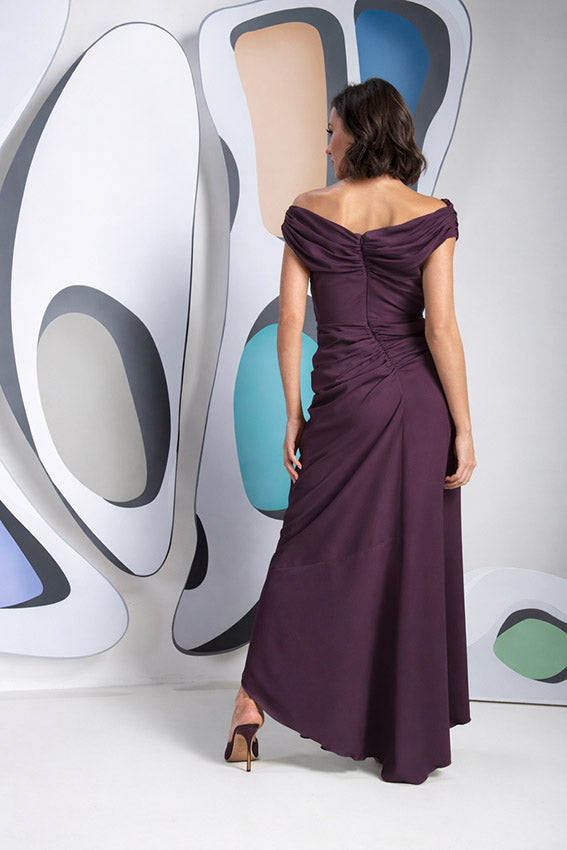 Kevan Jon Eugenia Plum Bardot Asym Dress for the mother of the bride