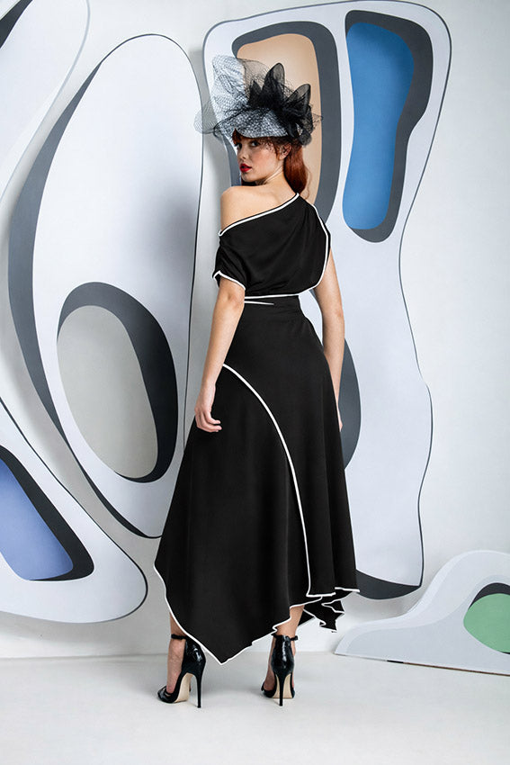 Kevan Jon Rosellon Black Drape Dress With White Piping for the mother of the bride for black tie weddings