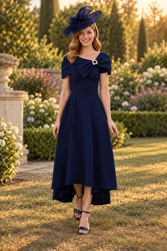 Labella 3377 Midnight Blue A Line Hi Lo Dress With Front Bow