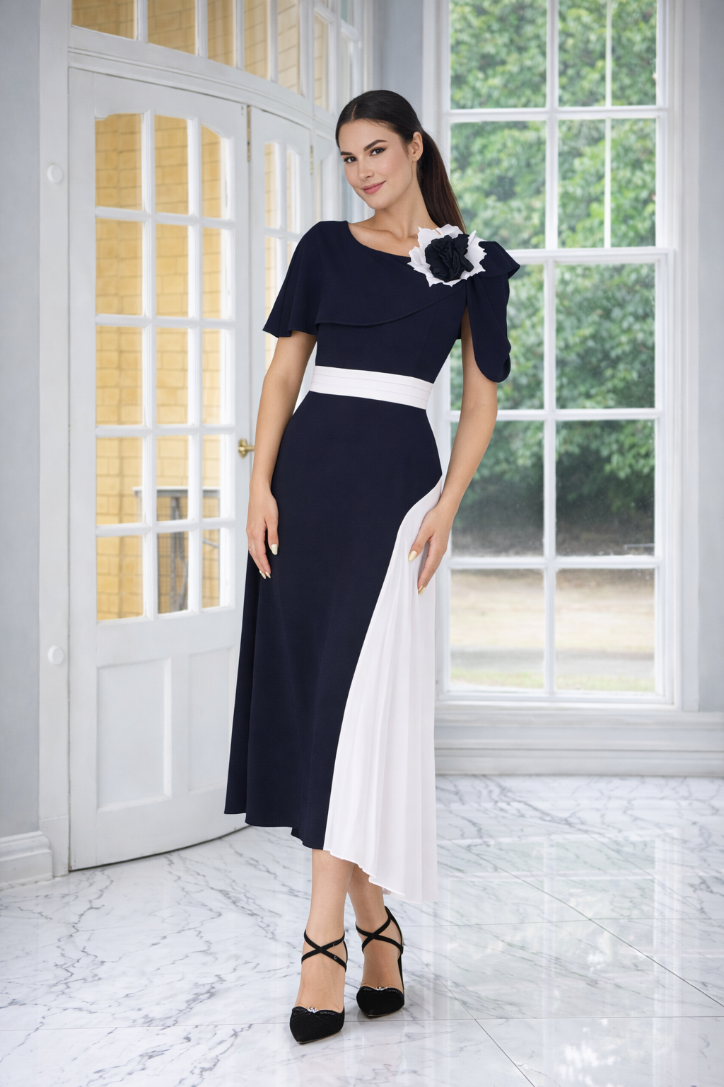 Lizabella 2386 Navy / Ivory Pleated mother of the bride dress