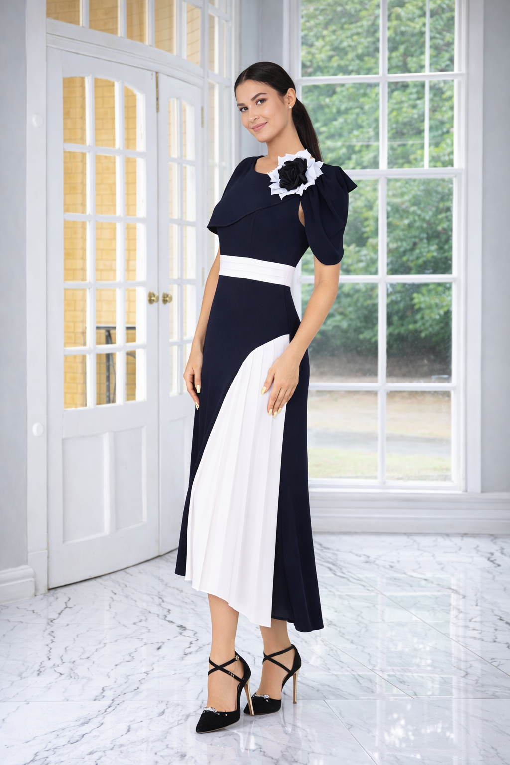 Lizabella 2386 Navy / Ivory Pleated mother of the bride dress