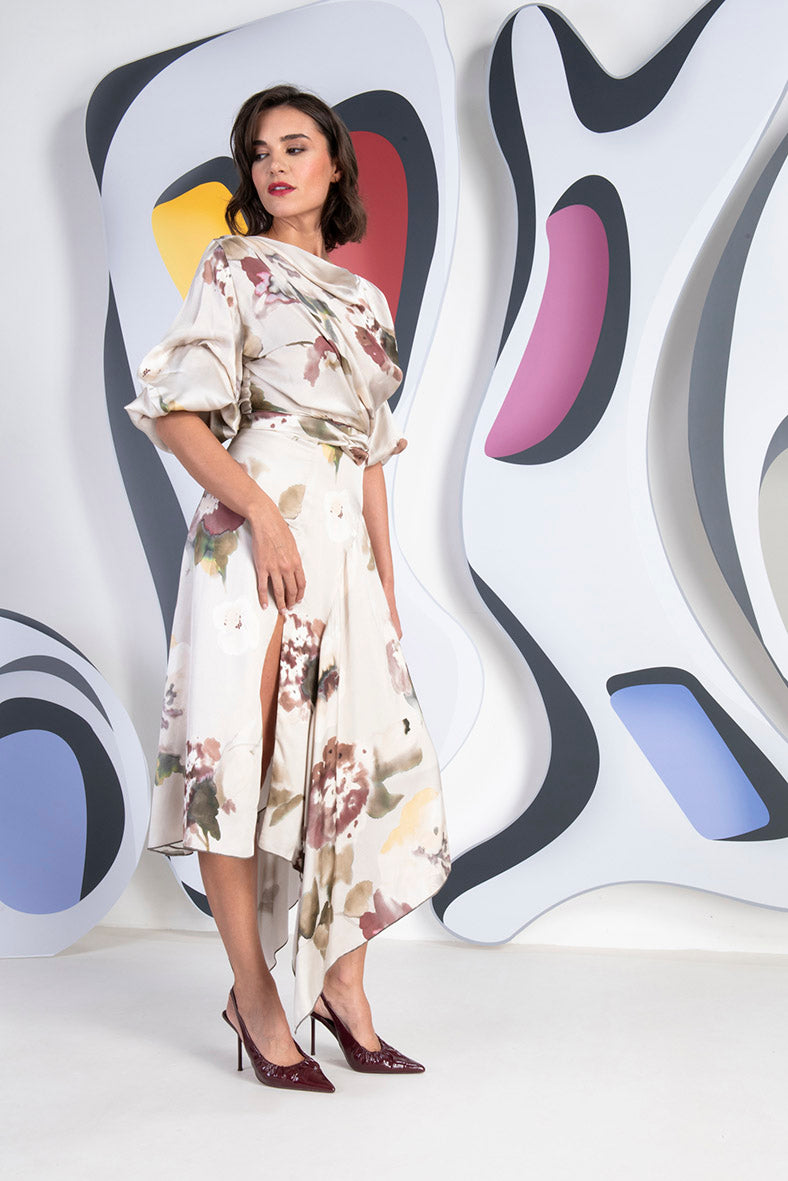 Kevan Jon Mila Champagne Print Pleat Dress