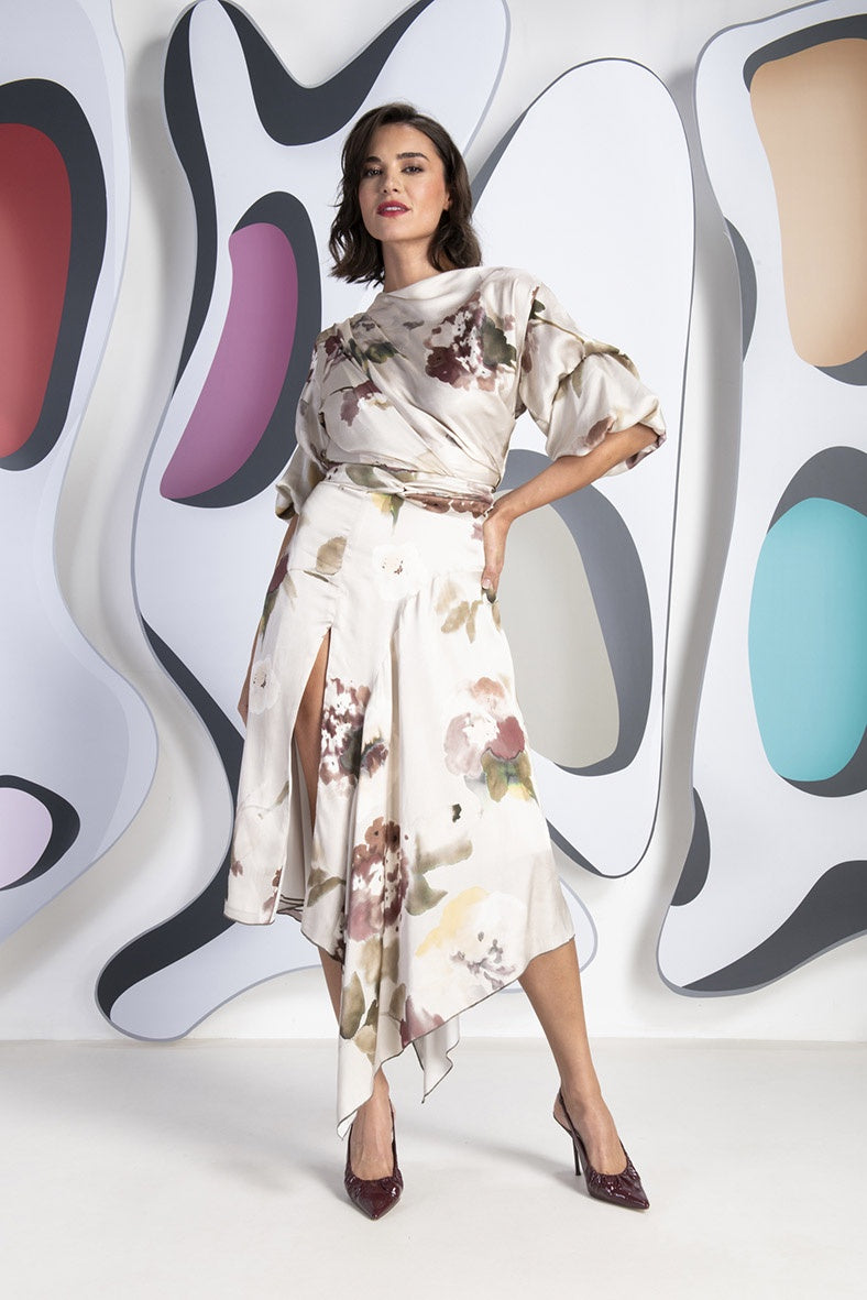 Kevan Jon Mila Champagne Print Pleat Dress