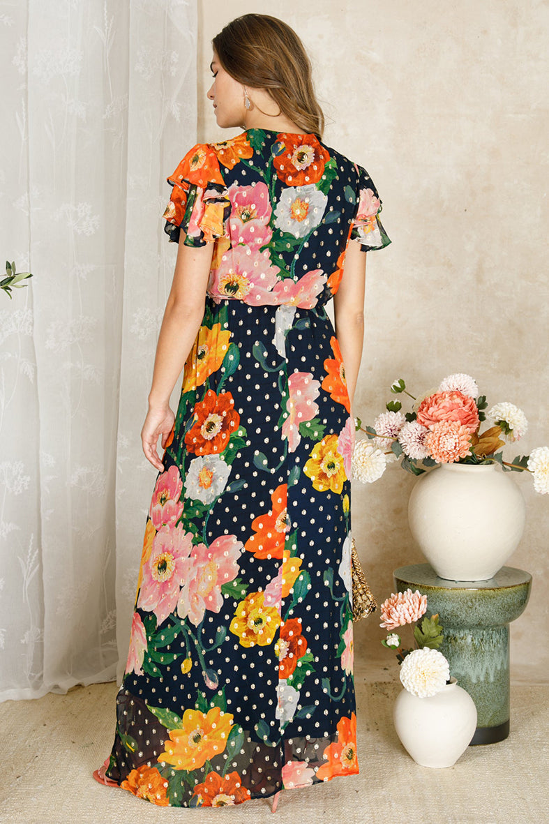 Hope & Ivy 8956 Marlene Navy Floral & Spot Patterned Dress