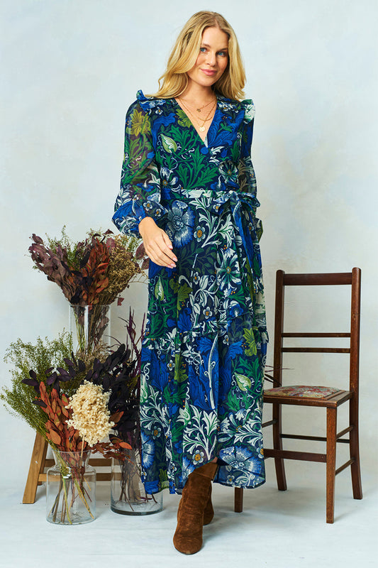 Hope & Ivy Chrysanthemum Blue Floral Pattern Maxi Dress