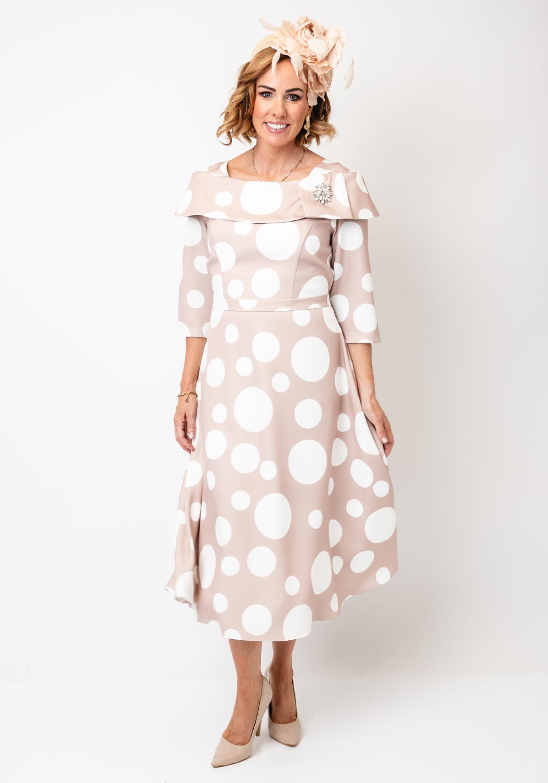 Cassandra Bell Nude & White A Line Spot Dress