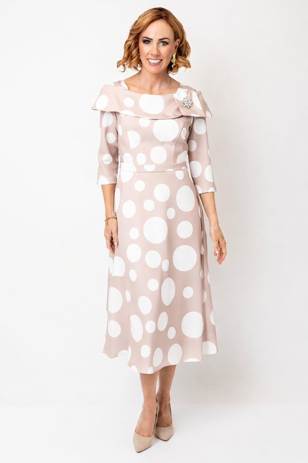 Cassandra Bell Nude & White A Line Spot Mother of the bride dress
