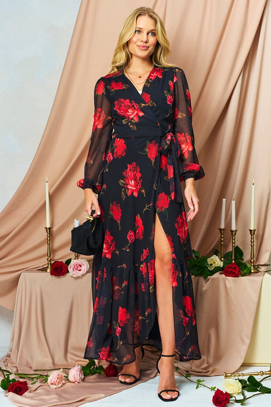 The Camilla Blouson Sleeve Maxi Wrap Dress with Tie Waist

Have heads turning all season long in this classic Hope &amp; Ivy wrap dress – new in for AW25. The Camilla is set to be a seasonal favourite, with bright red, hand-stylised blooms decorating a stylish, chiffon base.